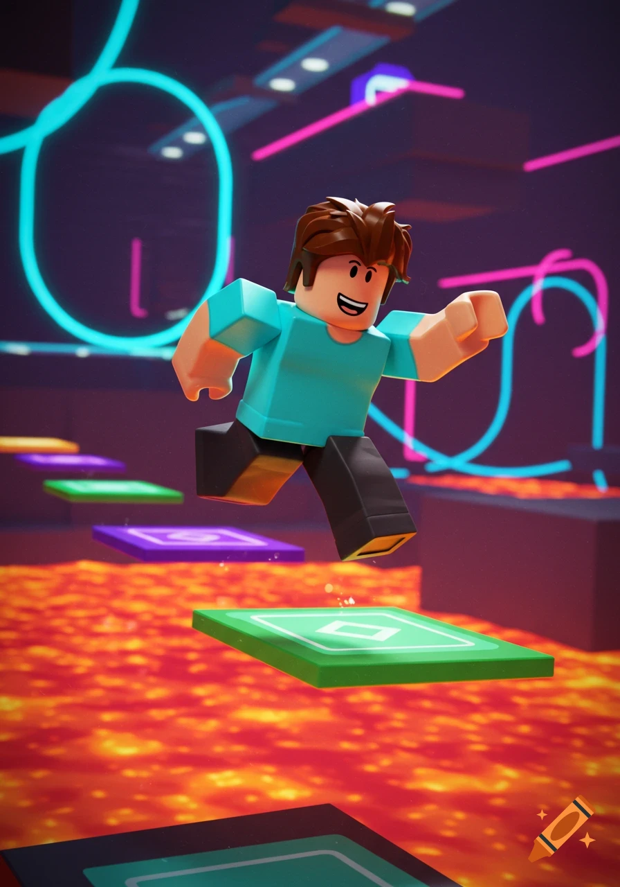 A blocky Roblox-style character jumps over glowing lava on green and purple platforms in a neon-lit obstacle course.
