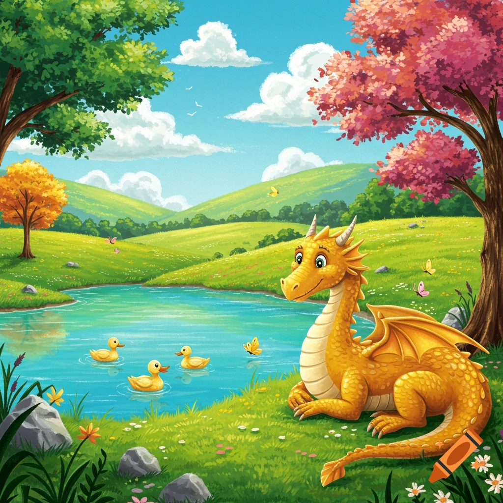 A friendly golden dragon sits by a blue lake with three yellow ducks, surrounded by green hills and colorful trees in a vibrant children's book illustration style.