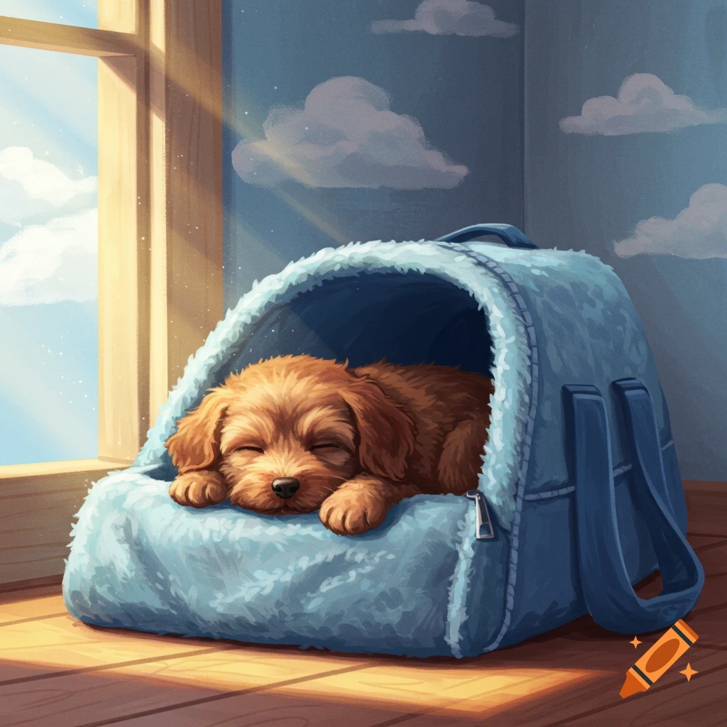 A fluffy brown puppy sleeps in a cozy blue pet carrier by a sunny window, illustrated.
