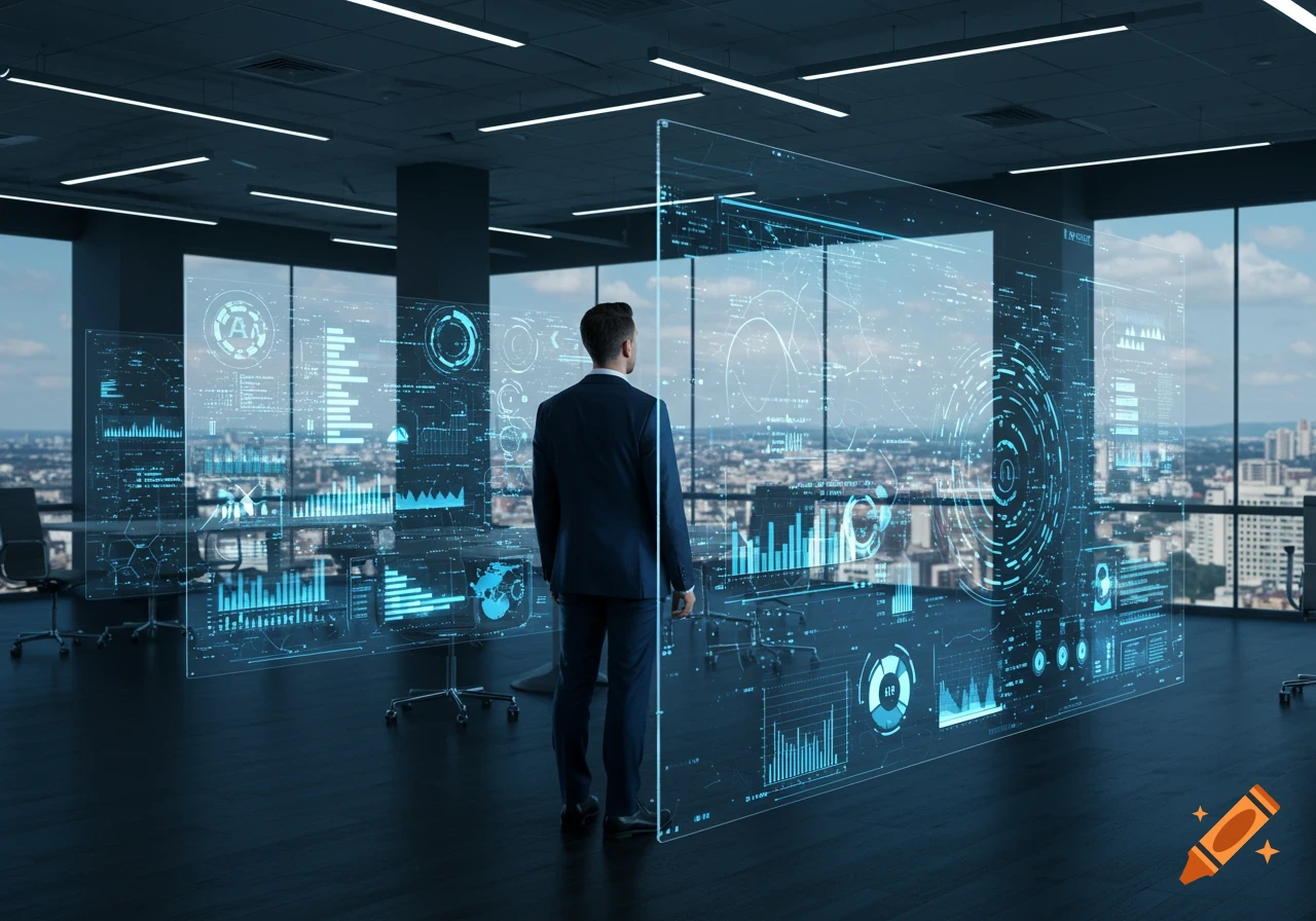 A man in a suit stands in a modern office, gazing at multiple translucent holographic screens displaying complex data visualizations and charts.