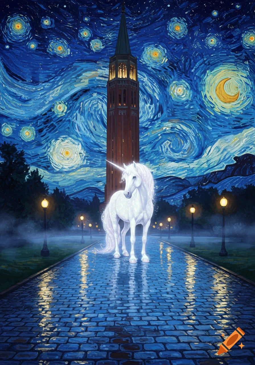 A white unicorn stands on a wet cobblestone path in front of a tall tower under a Starry Night-style sky.