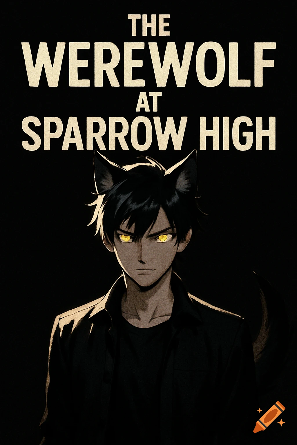 An anime male with black hair, wolf ears, and glowing yellow eyes against a dark background, with the title "THE WEREWOLF AT SPARROW HIGH" above.
