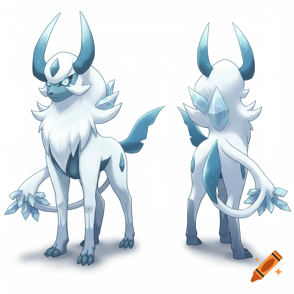 An icy white and blue creature resembling a Pokemon Absol evolution, viewed from front and back on a white background.