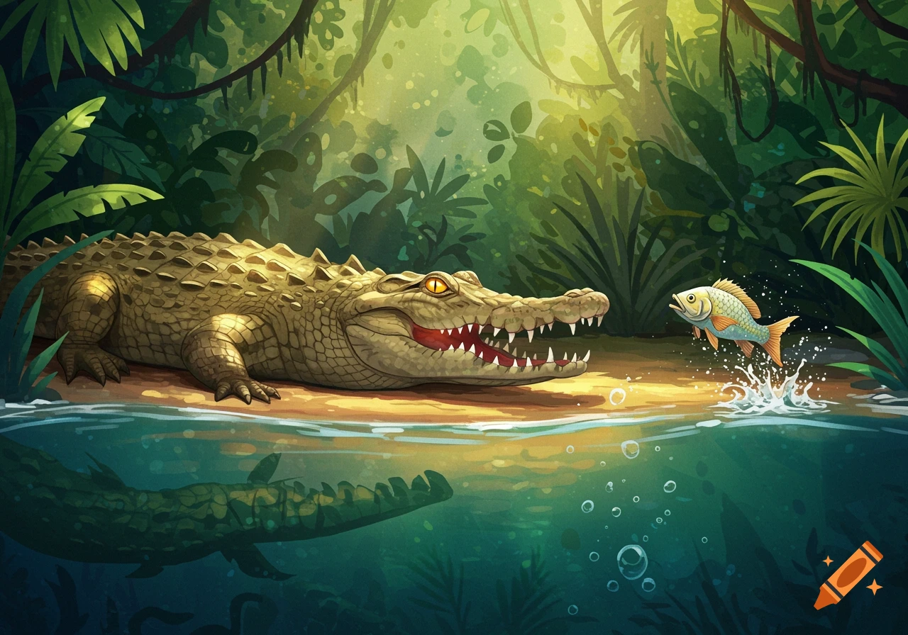 Cartoon illustration of a crocodile on a riverbank, mouth open, watching a fish jump from water in a jungle.