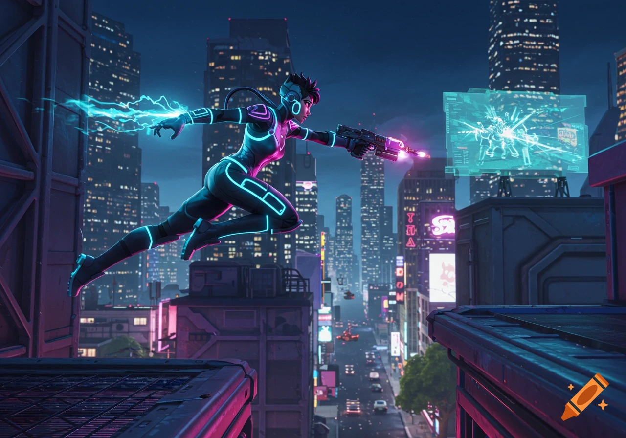 A female character in a black and neon blue futuristic suit jumps over city rooftops at night, holding a glowing pink weapon, with a holographic display nearby.