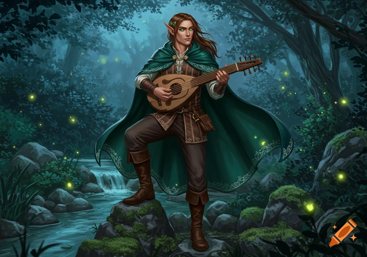 A fantasy illustration of a half-elf bard with long brown hair and green eyes, wearing a green cloak, playing a lute in a lush forest with a stream and fireflies.