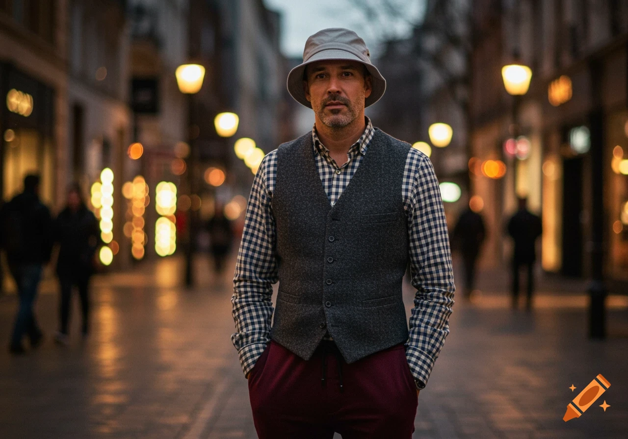 A man wearing a grey bucket hat, checkered shirt, tweed waistcoat, and maroon joggers stands on a city street at dusk.