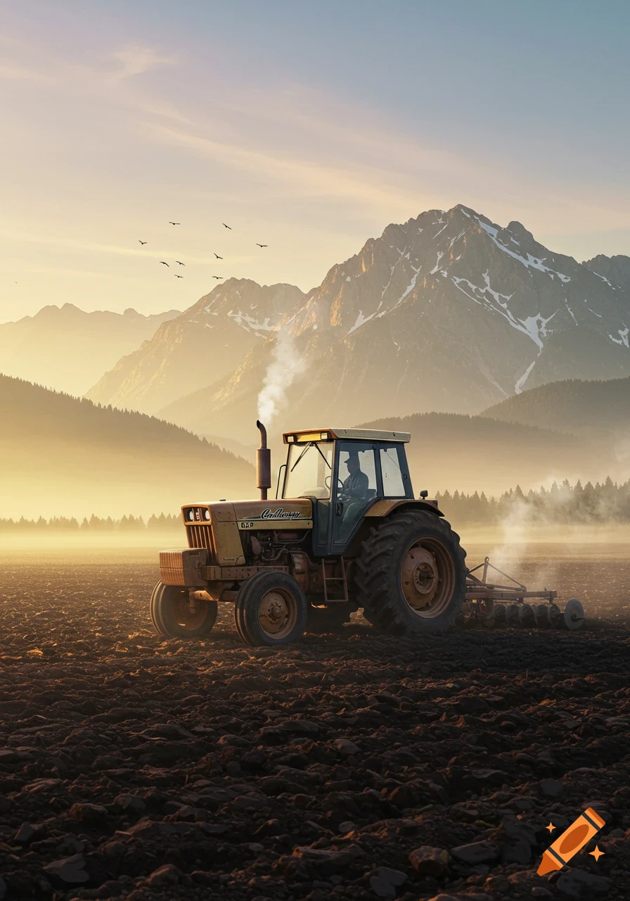 Photorealistic image of a yellow tractor plowing a field at sunrise, with misty mountains and trees in the background.