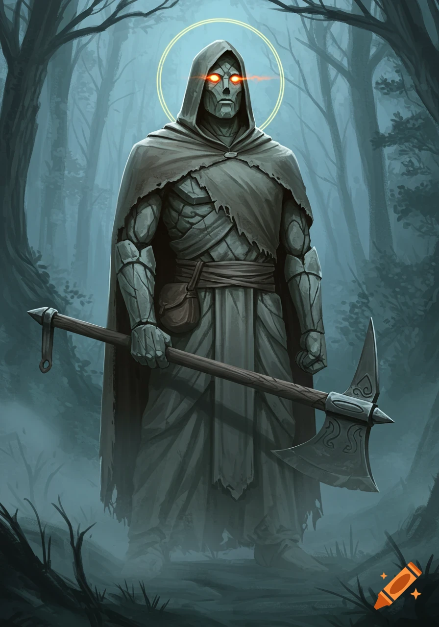 A stone golem in a hooded cloak with glowing red eyes and a halo stands in a misty forest, holding a large axe.