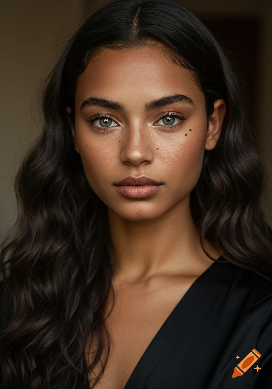 Photorealistic close-up portrait of a woman with long dark wavy hair, green eyes, subtle freckles, and wearing a black dress.