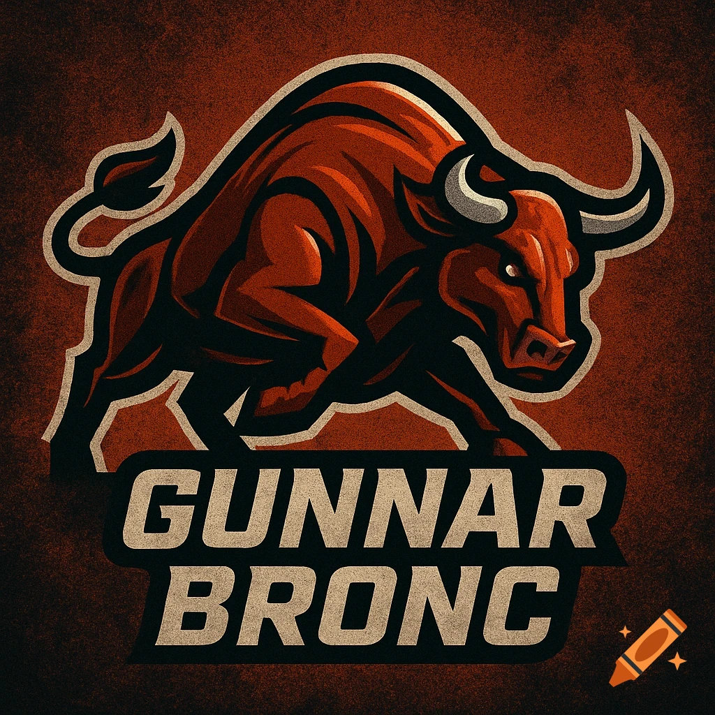 Stylized red bull logo with white outline above 'GUNNAR BRONC' text.