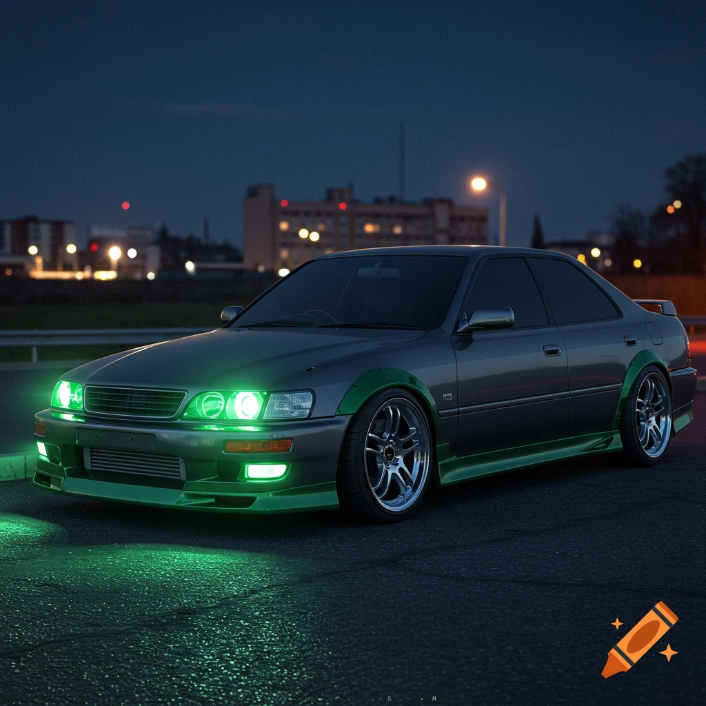 A gray modified Toyota Altezza with glowing green headlights and accents parked on an asphalt road at night, with city lights in the blurred background.