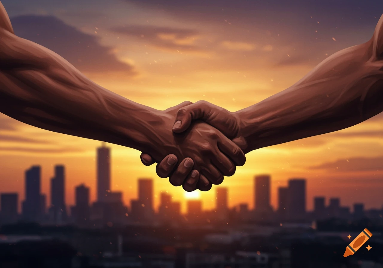 Two strong hands shaking against a vibrant sunset sky over a city skyline.