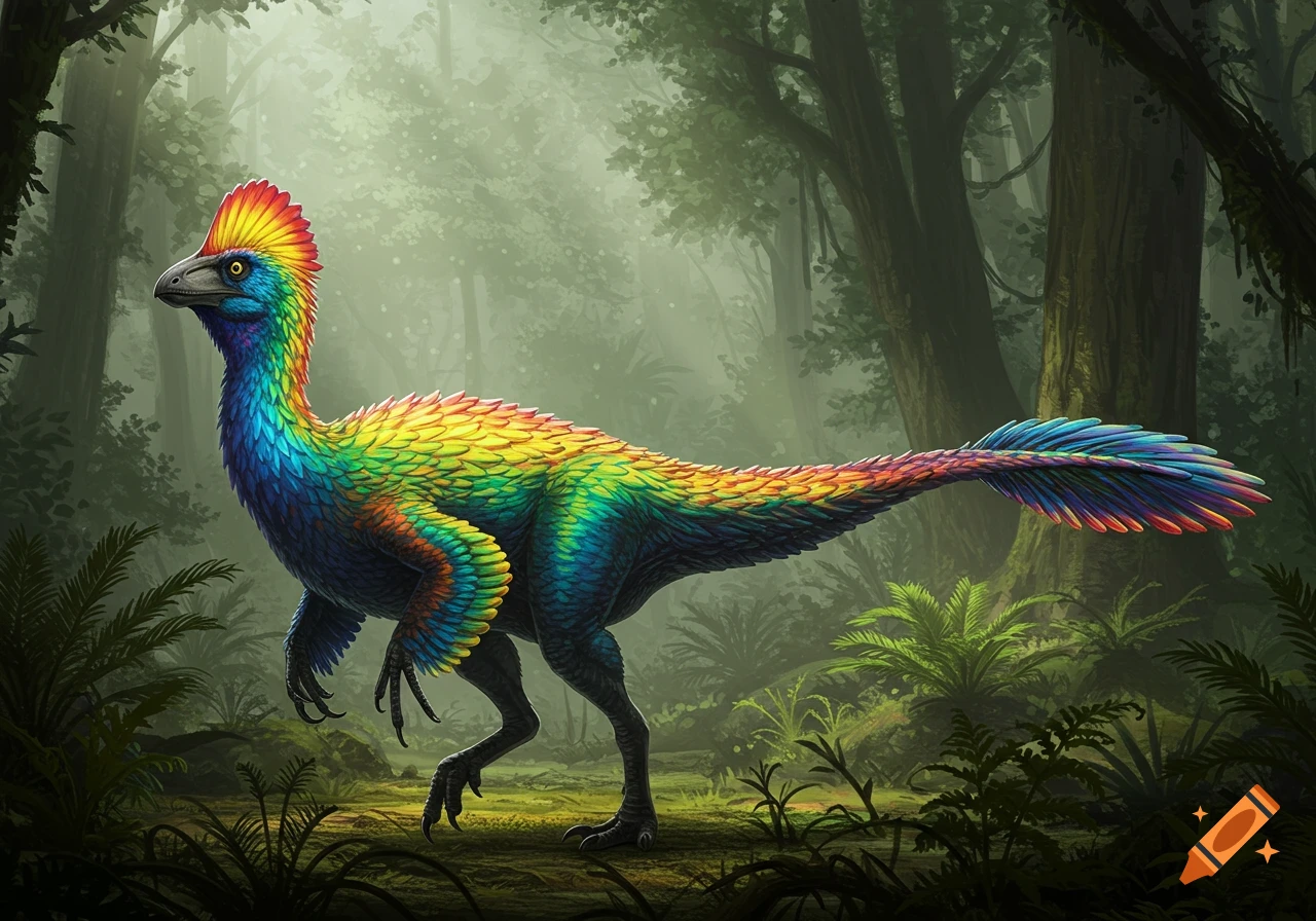 A vibrant, rainbow-colored feathered dinosaur stands in a lush, misty jungle environment.