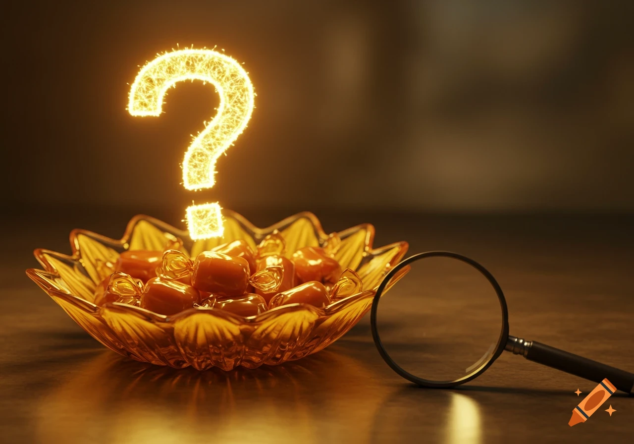 A glowing question mark floats above a sunflower-shaped candy dish filled with butterscotch candies, next to a magnifying glass on a dark table.