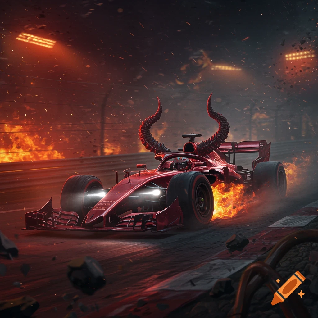 A red F1 racing car with large demon horns and flames coming from its wheels speeds down a dark, fiery track.