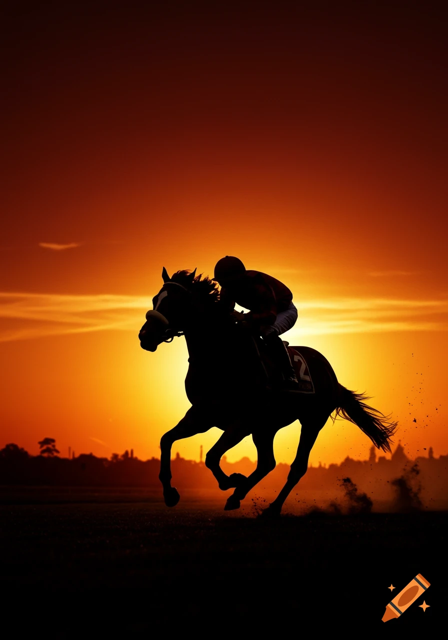 Silhouette of a jockey riding a racehorse at full gallop against a vibrant orange sunset sky.