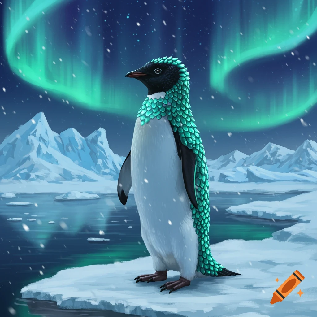 A unique penguin with green scales stands on an ice floe in an arctic landscape under the vibrant green aurora borealis.