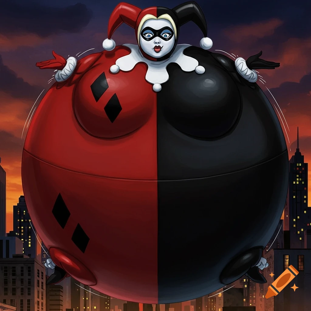 Harley Quinn from Batman: The Animated Series is inflated into a giant, round balloon shape, floating above a city skyline at sunset with a deadpan expression.