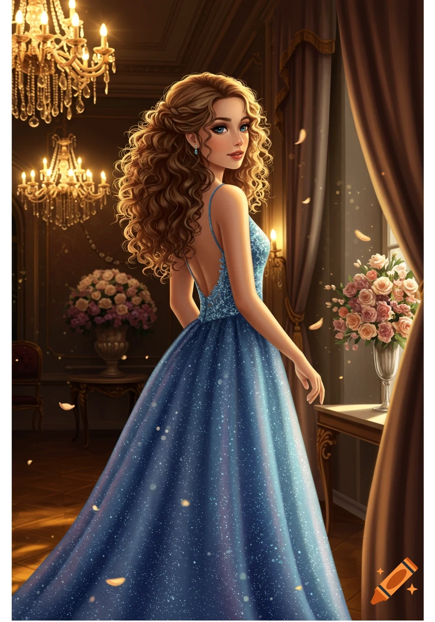 Digital art illustration of a woman with curly brown hair in a sparkling blue gown looking over her shoulder in a grand room with chandeliers.