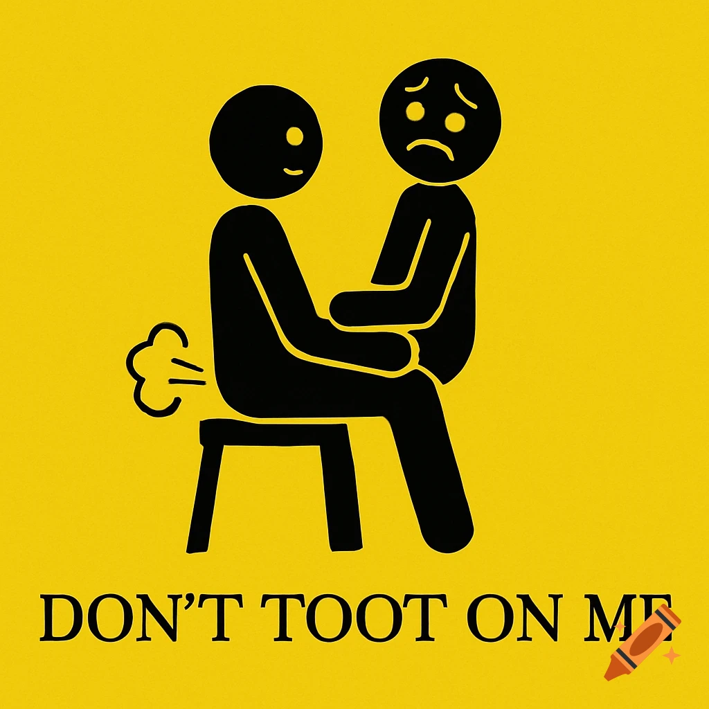 A yellow Gadsden flag parody with black stick figures. One sits on another's lap, farting, with the text 'DON'T TOOT ON ME'.