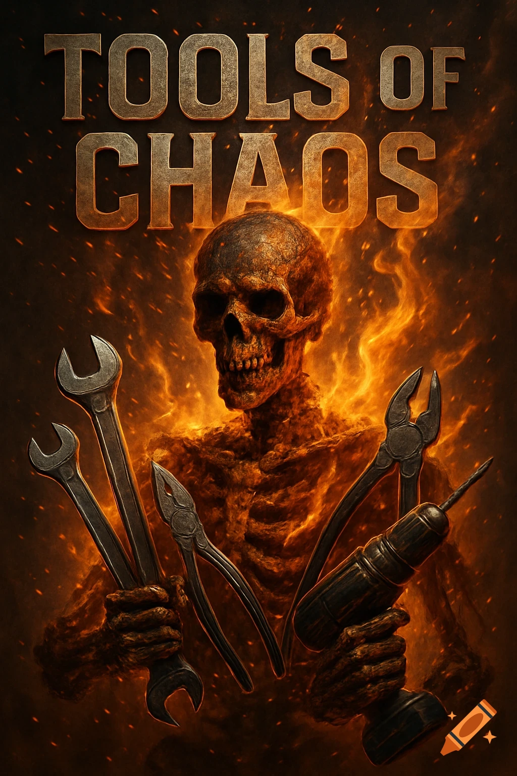 A fiery skeleton holding wrenches, pliers, and a drill, with 'TOOLS OF CHAOS' above. Dark fantasy style.