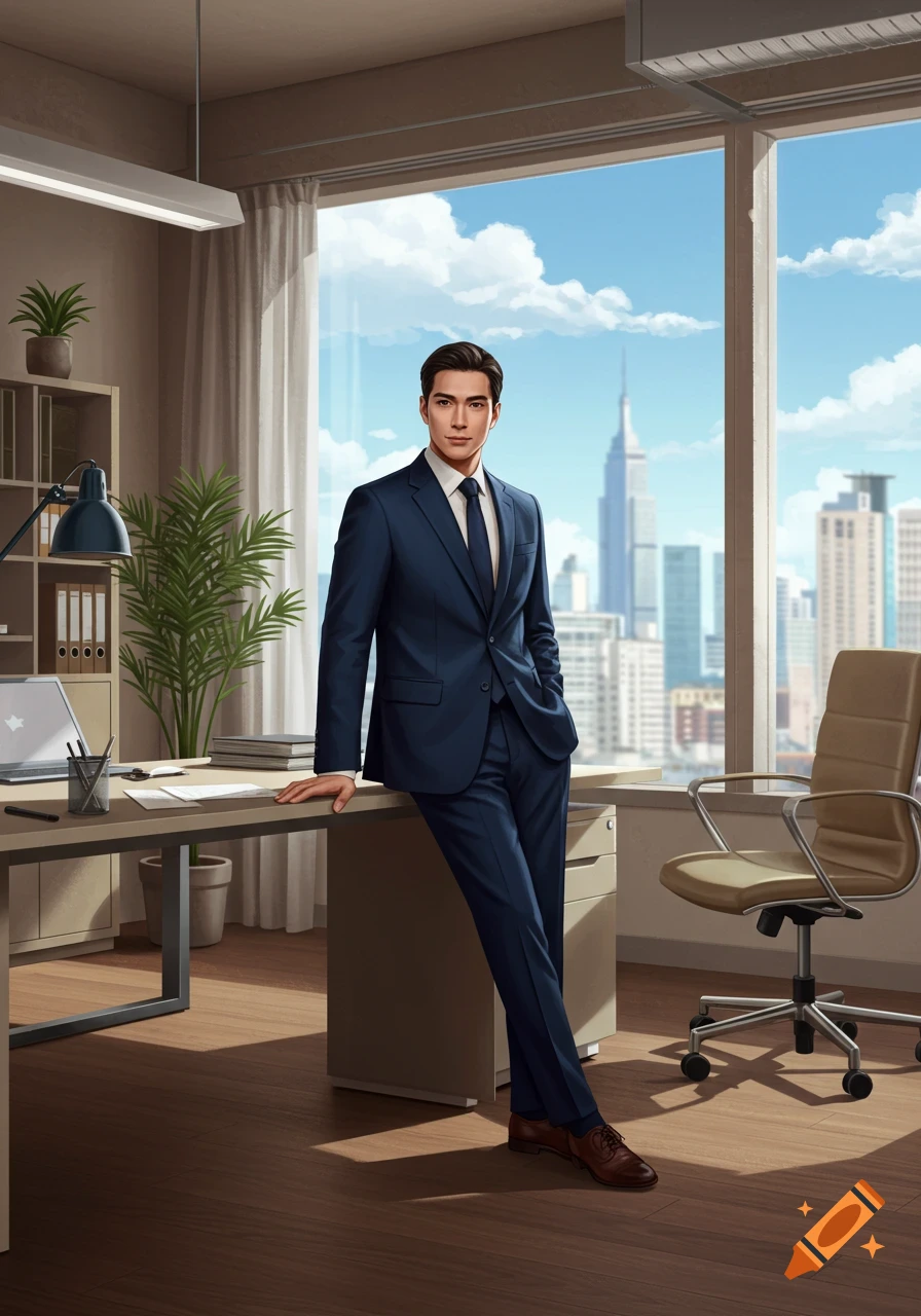 A man in a dark blue suit leans against a desk in a modern office with a city skyline in a stylized illustration.
