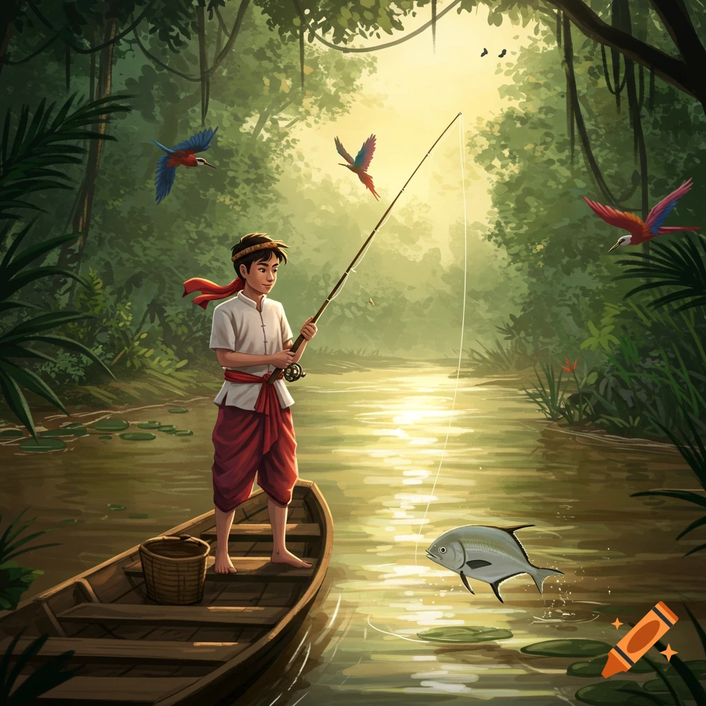 A young Cambodian man in a cartoon style fishes from a boat in a lush jungle river, with a fish jumping from the water and birds flying above.