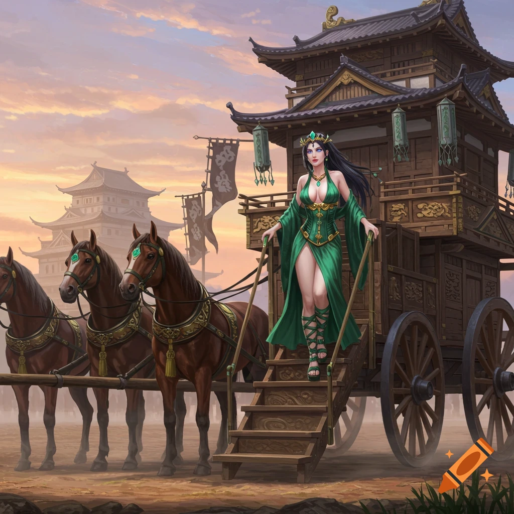 An empress in an emerald dress with a crown descends from a Japanese-style wooden carriage pulled by three horses, with castles in the background.