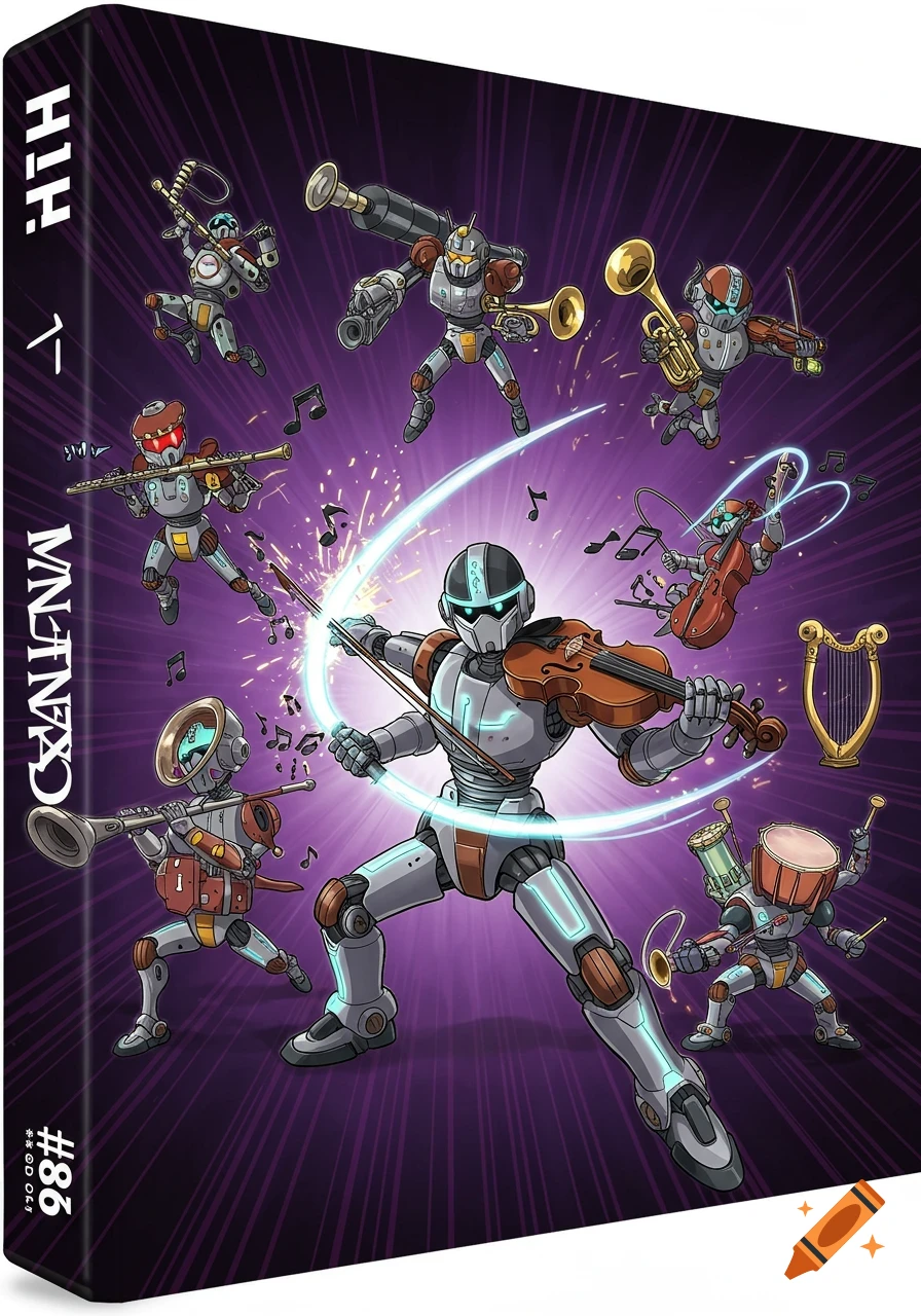Anime-style illustration of an epic robot orchestra battle on a binder cover. A central robot plays a glowing violin, surrounded by other robots playing various instruments with battle effects on a purple background.