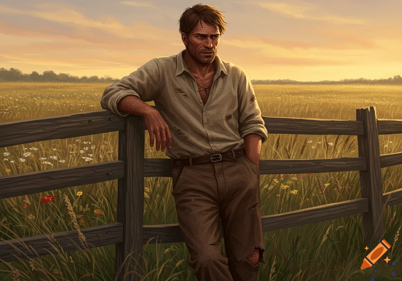 Painting of a man with worn clothes leaning on a wooden fence in a field at sunset.