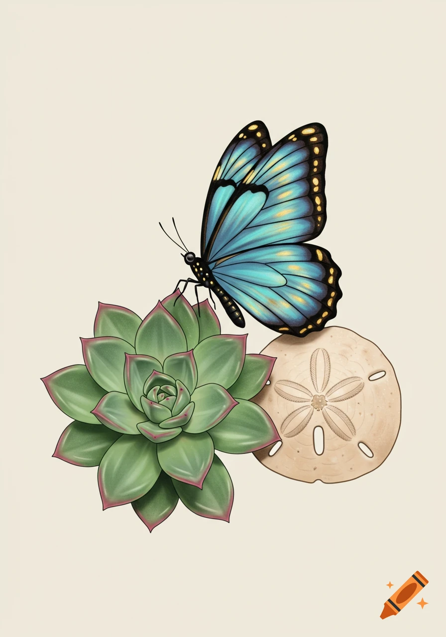 An illustration of a blue butterfly perched on a green succulent next to a sand dollar.