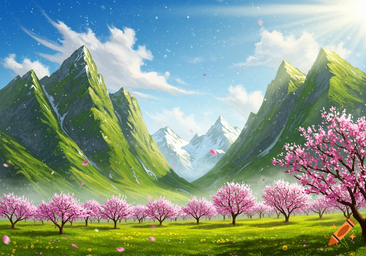 A vibrant anime-style landscape featuring green mountains, a valley, and a field of pink cherry blossom trees under a bright blue sky with light falling petals.