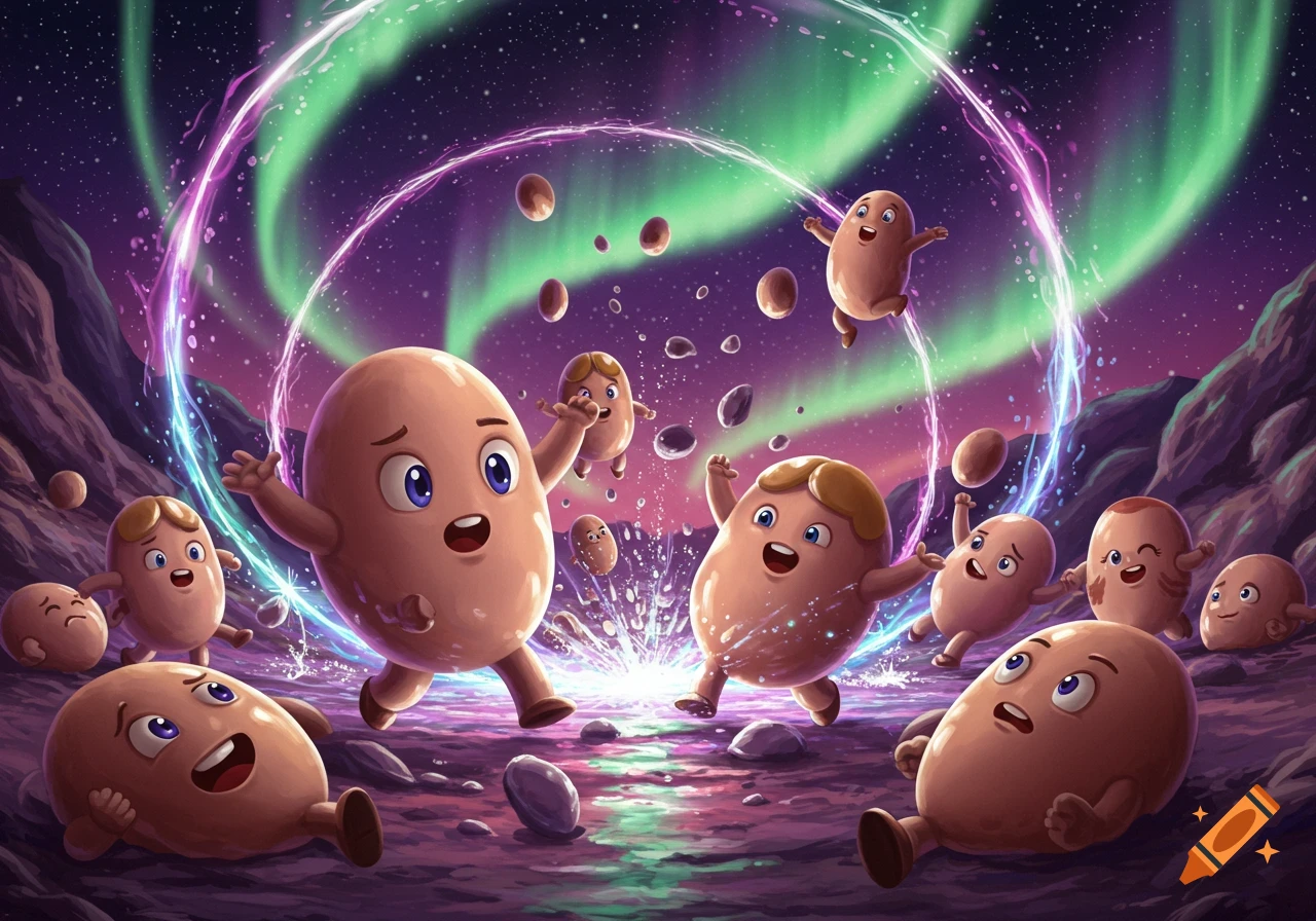 Cartoon potatoes run and float under a vibrant purple and green aurora borealis sky with floating rocks.
