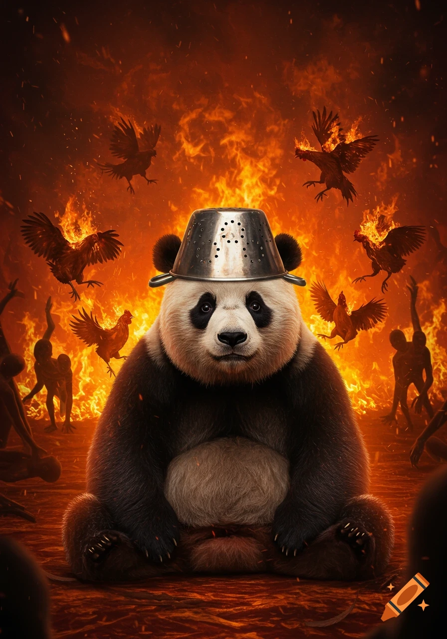 A panda wearing a colander sits calmly in a fiery hellscape with burning chickens flying and shadowy figures.