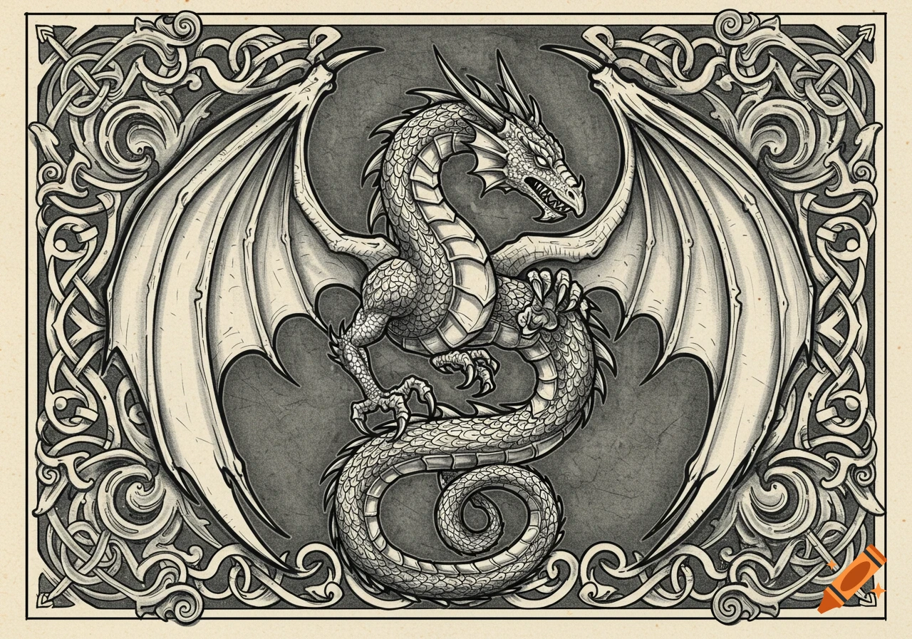 Black and white illustration of a fierce dragon surrounded by intricate Celtic knotwork.