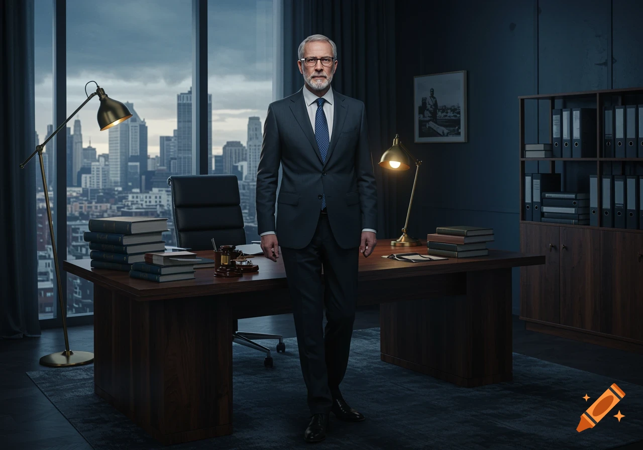 A distinguished older man in a business suit stands confidently in a spacious office with law books, a desk, and a city skyline view at dusk, rendered in a realistic style.