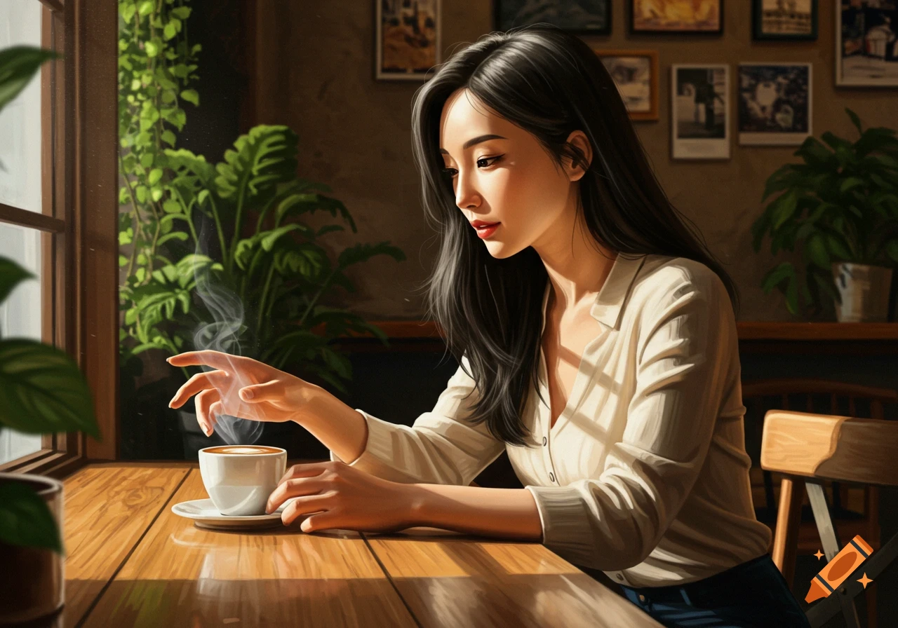 A digital painting of an Asian woman sitting at a wooden table by a window in a cafe, touching a steaming cup of coffee.