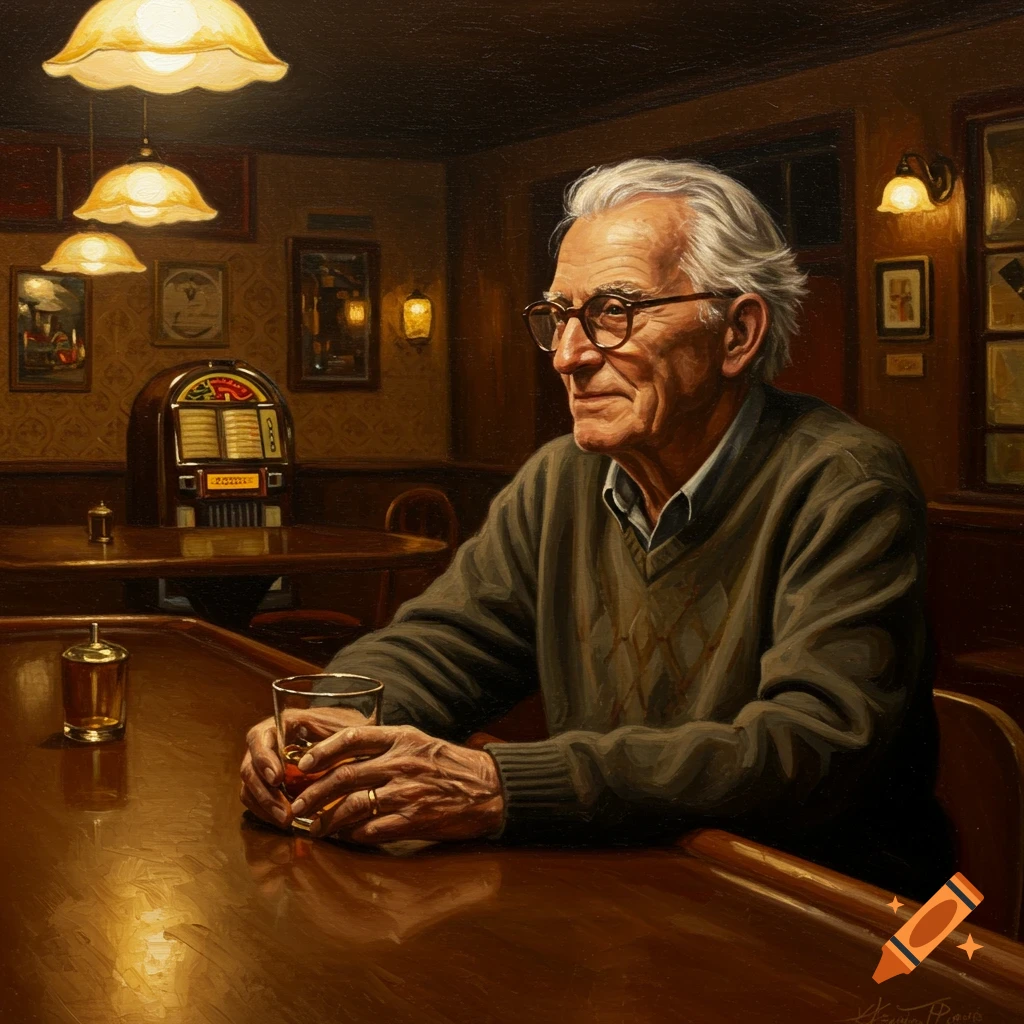 An oil painting of an old man with white hair and glasses sitting at a bar counter, holding a glass, with a jukebox in the background.