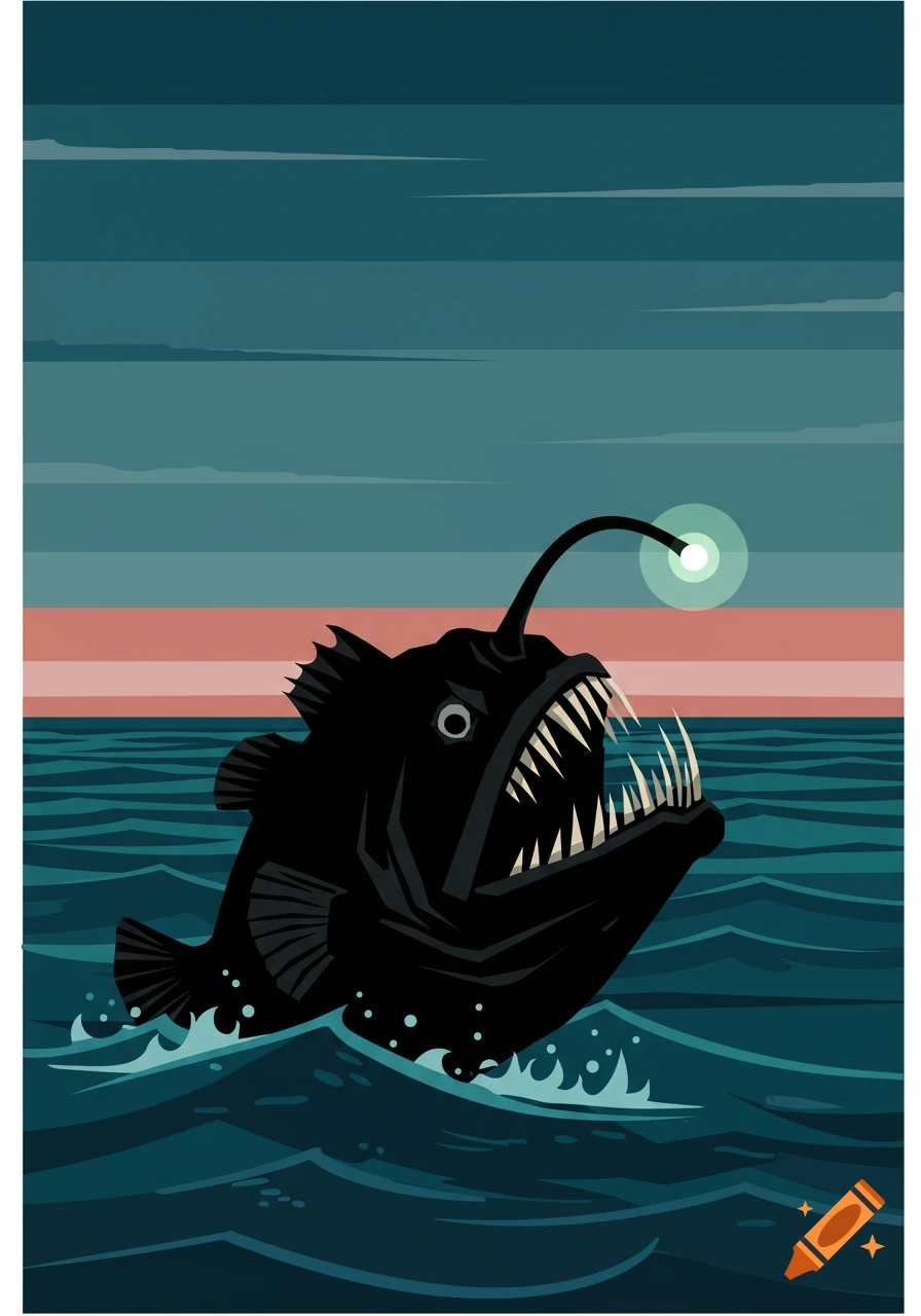 Black devil anglerfish emerging from ocean waves with a glowing lure, in woodcut style.