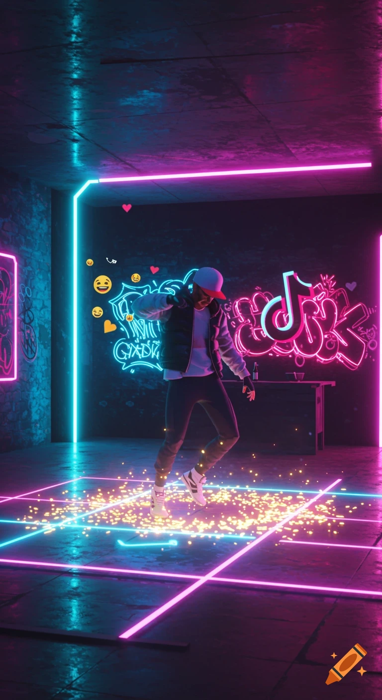 A person in a cap and vest dances on a neon-lit floor with sparks, surrounded by glowing pink and blue lights and a TikTok sign.