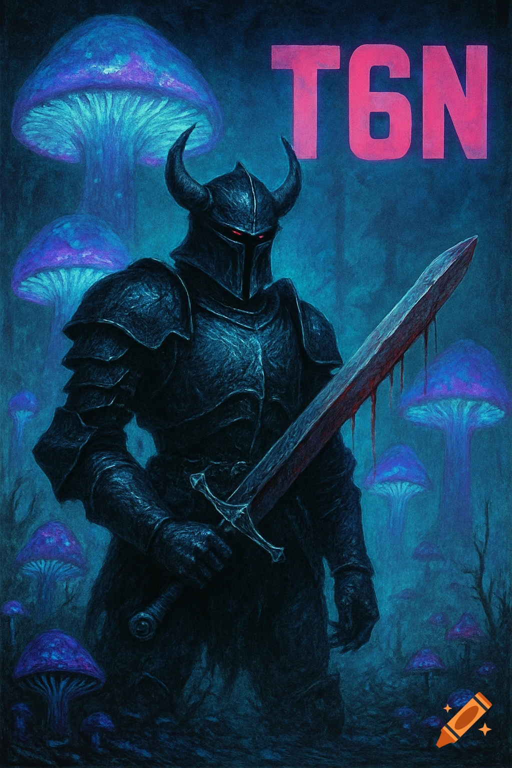 A dark knight in horned armor holds a bloodied sword in a blue and purple glowing mushroom forest with 'T6N' in the background. Stylized painting.