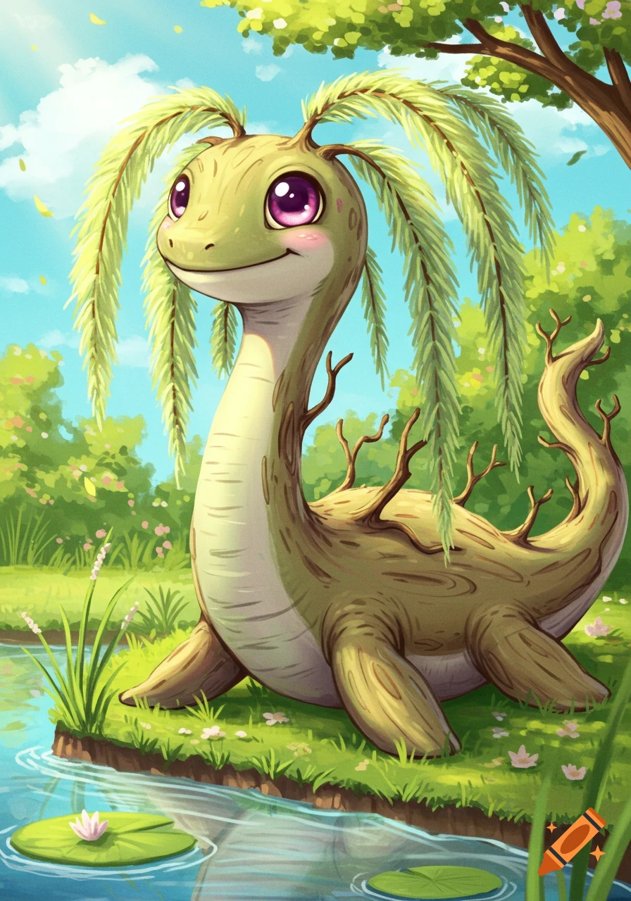 A cute chibi plesiosaurus with a body like a willow tree, sitting by a pond in a vibrant green landscape.