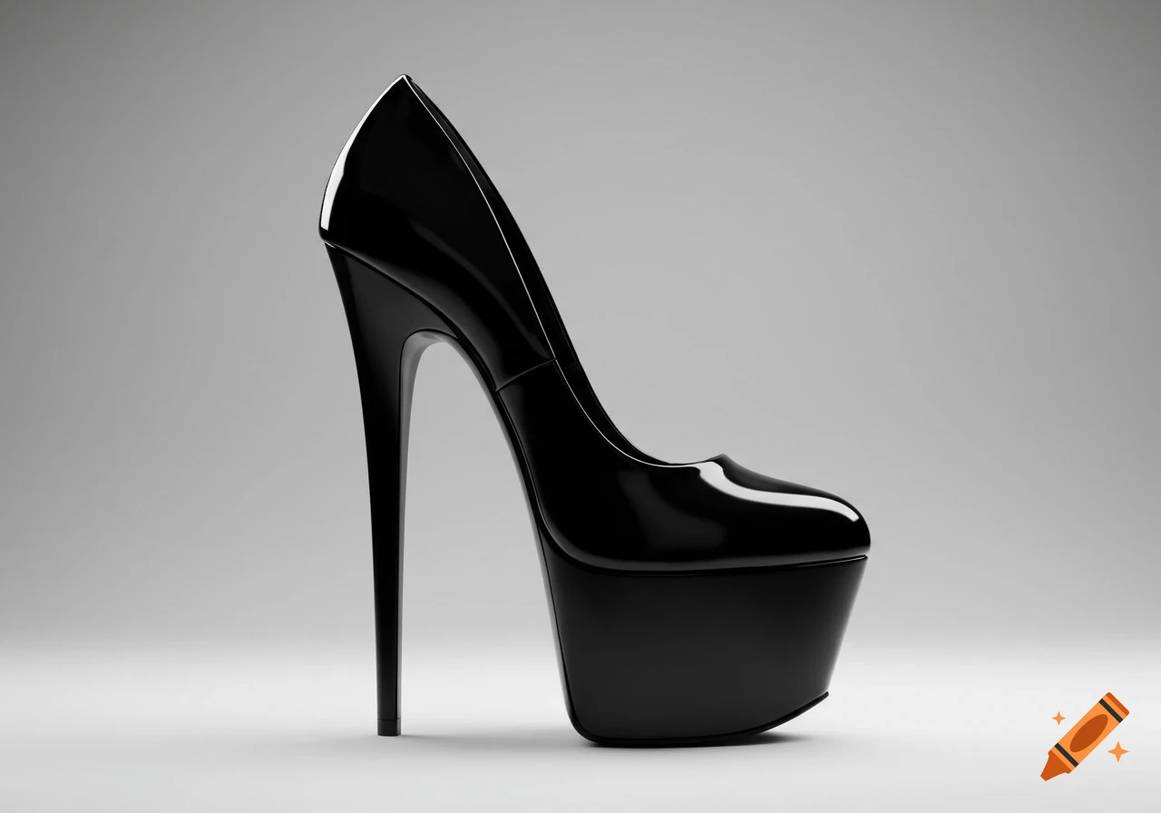 A black patent leather high-heel platform stiletto shoe on a light gray background.