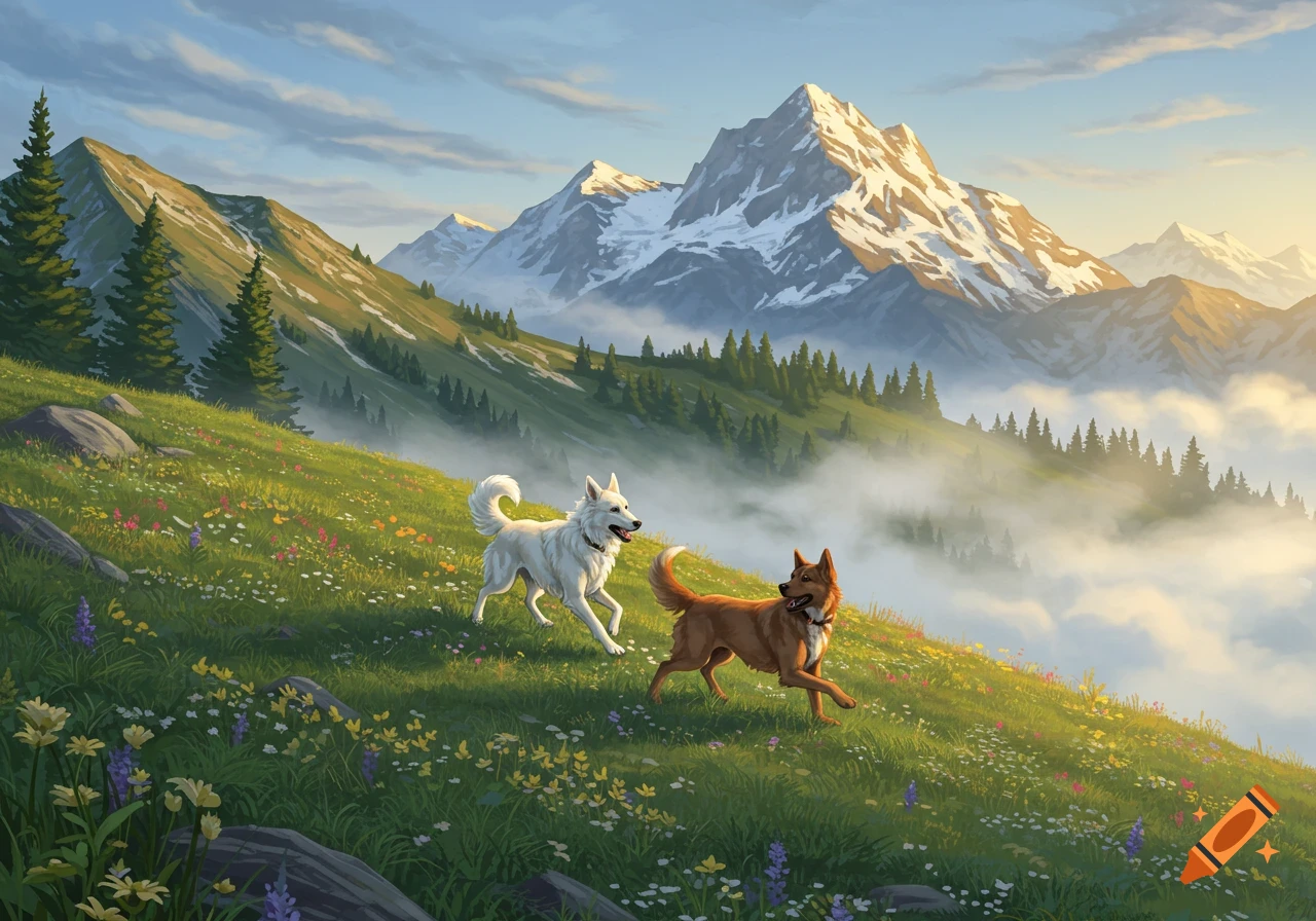 A white dog and a brown dog run playfully through a colorful mountain meadow under a clear sky with snowy peaks and mist.