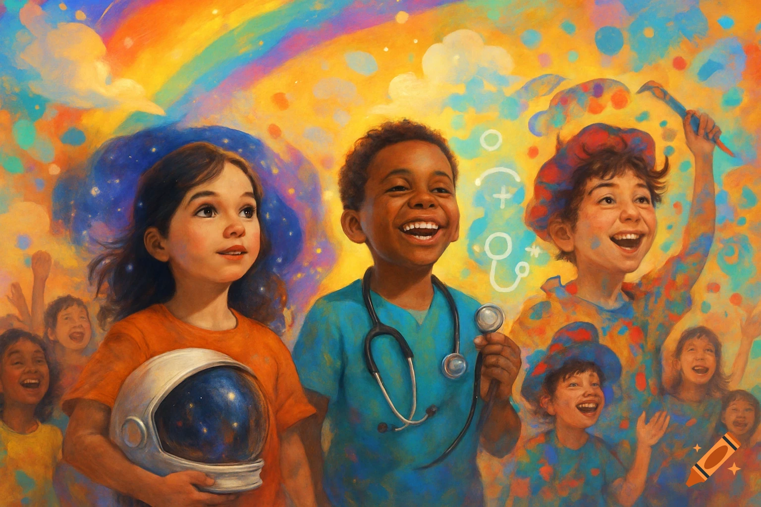 A vibrant, colorful illustration depicts a diverse group of happy children. One girl holds an astronaut helmet, a boy wears a stethoscope, and another boy holds a paintbrush, all looking up towards a bright rainbow sky, imagining their futures.