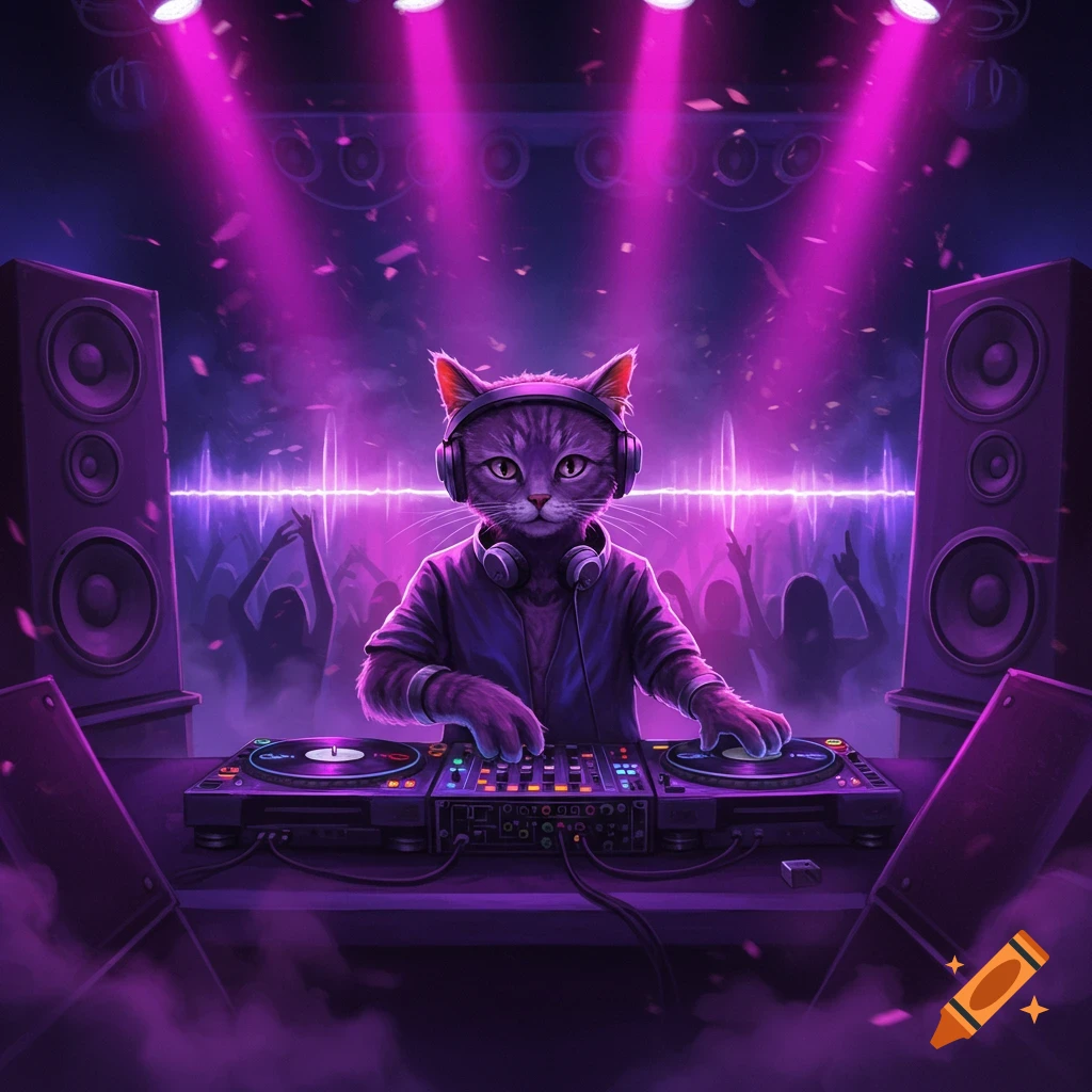 A grey cat wearing headphones DJs at a lively club, illuminated by vibrant purple stage lights, with large speakers on either side.
