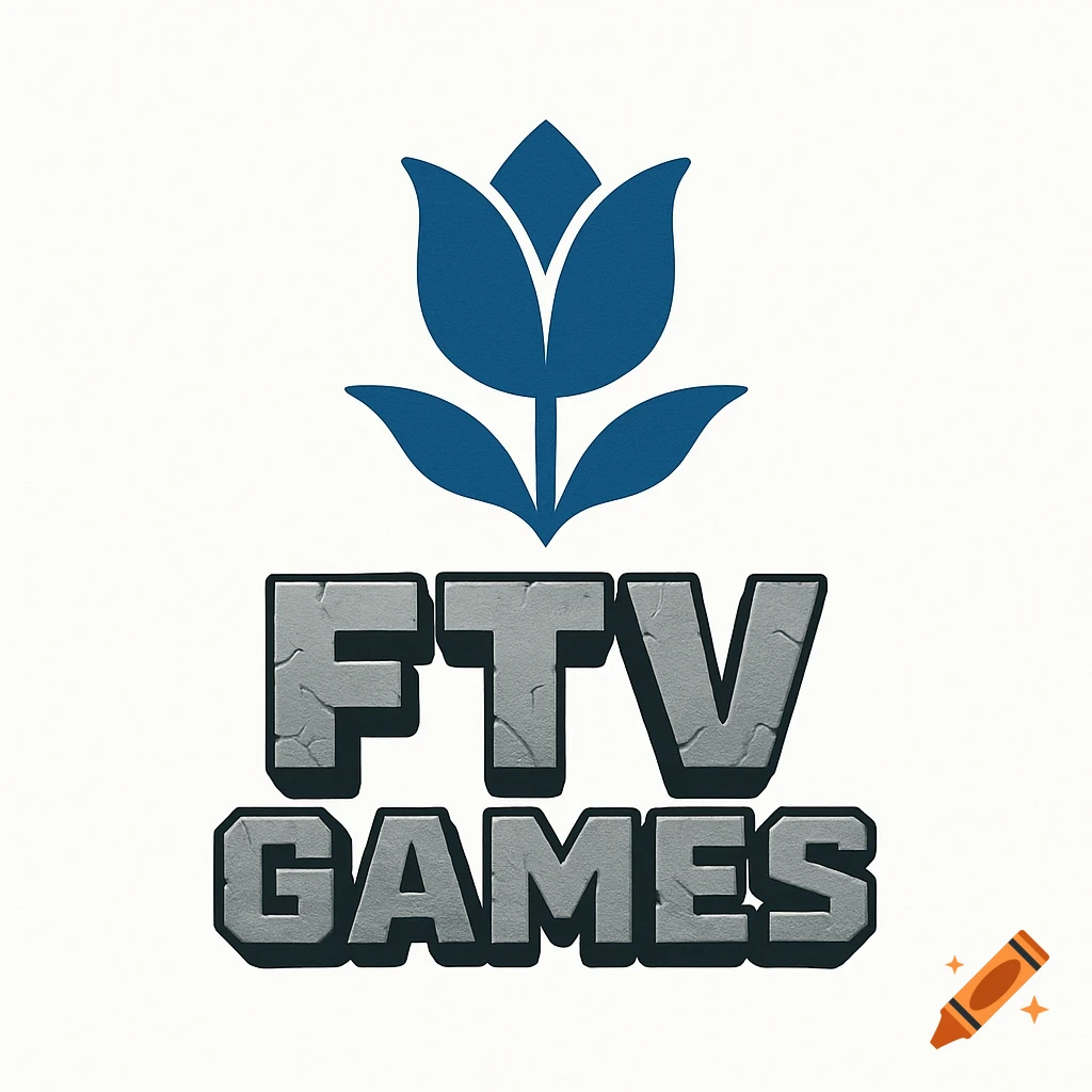 A blue stylized tulip logo above blocky grey stone text that reads 'FTV Games' on a white background.