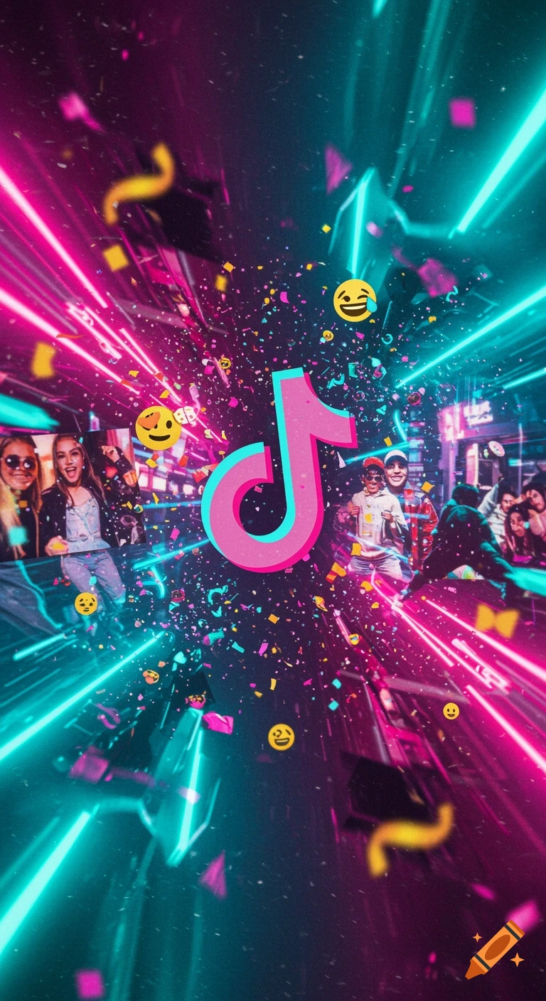 Vibrant neon digital art with the TikTok logo at its center, surrounded by confetti, emojis, and blurred partygoers, accented by bright light streaks.