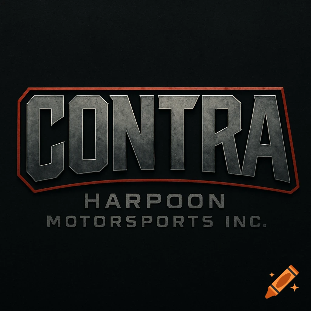 A bold, metallic grey 'CONTRA' logo with an orange outline, set above 'HARPOON MOTORSPORTS INC.' on a dark textured background.